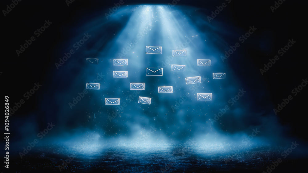 Poster a blue background with many emails floating in the air. scene is lighthearted and playful, as if the