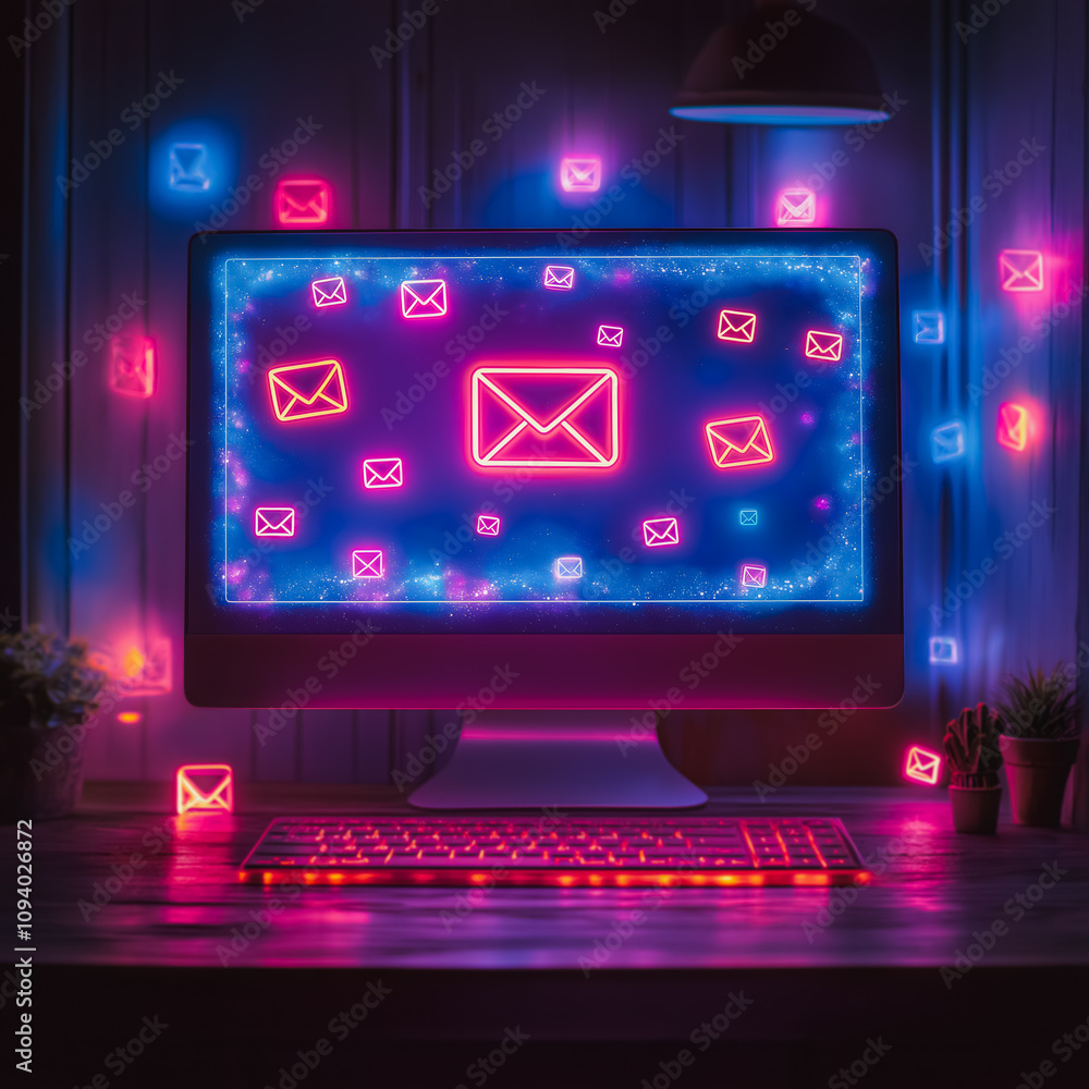 Poster a computer monitor is lit up with a colorful display of emails. concept of urgency and busyness, as 