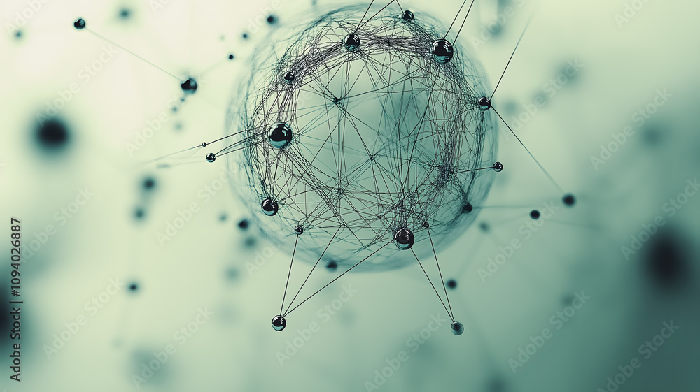 Poster a computer generated image of a sphere with many dots on it. the image is abstract and has a futuris