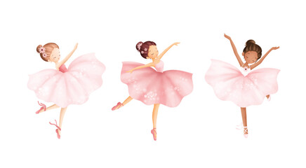 Watercolor Illustrastion Set of Beautiful Ballerina Wears Pink Dress