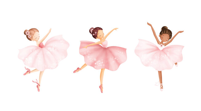 Watercolor Illustrastion Set of Beautiful Ballerina Wears Pink Dress