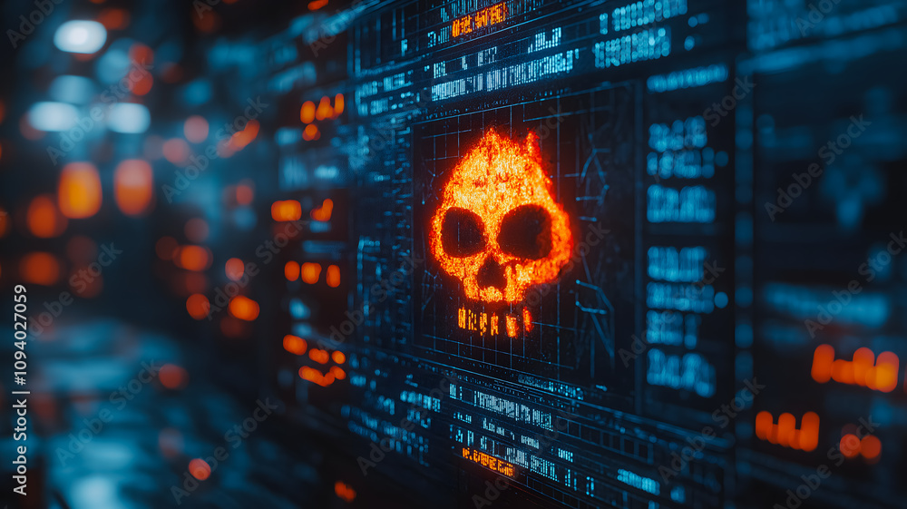 Aufkleber a skull is displayed on a computer screen with a red glow. the skull is surrounded by a blue backgro