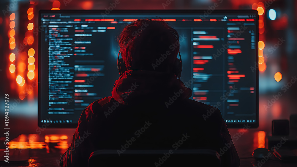 Poster a man is sitting in front of a computer monitor, wearing headphones and typing on a keyboard. concep