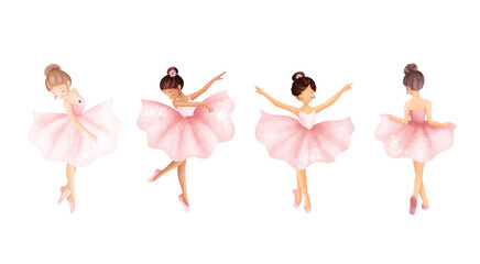 Watercolor Illustrastion Set of Beautiful Ballerina Wears Pink Dress