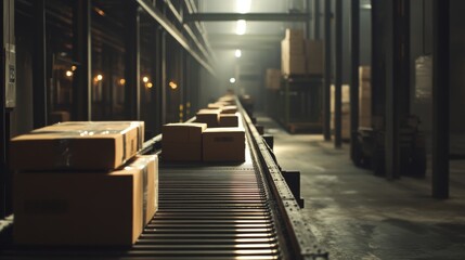 Fototapeta premium Cardboard box on a conveyor belt in warehouse.