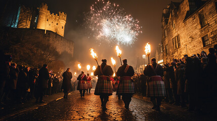 Hogmanay torchlight parade led by people dressed in traditional Scottish dress, marching through the cobbled streets against the backdrop of an ancient castle, Ai generated images