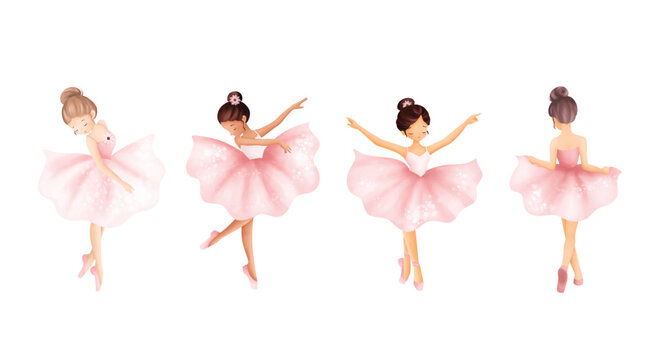 Watercolor Illustrastion Set of Beautiful Ballerina Wears Pink Dress