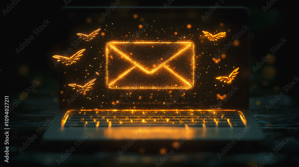 Aufkleber a laptop screen shows an envelope with a bunch of birds on it. the birds are flying around the envel