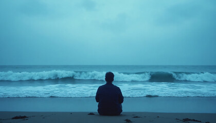 Lonely person sitting on the beach looking at the ocean waves on a cloudy blue day