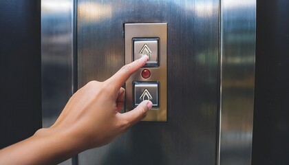 Naklejka premium Hand pressing a button inside an elevator. The button being pressed is the third button from the top, which has a person icon.