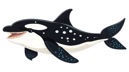 A cartoon orca whale with a vertical bar code isolated on a transparent background. 