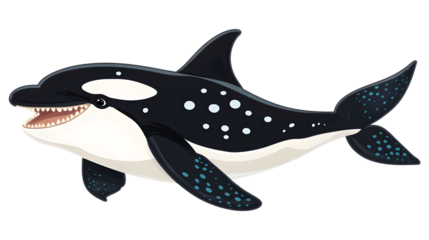 A cartoon orca whale with a vertical bar code isolated on a transparent background. 