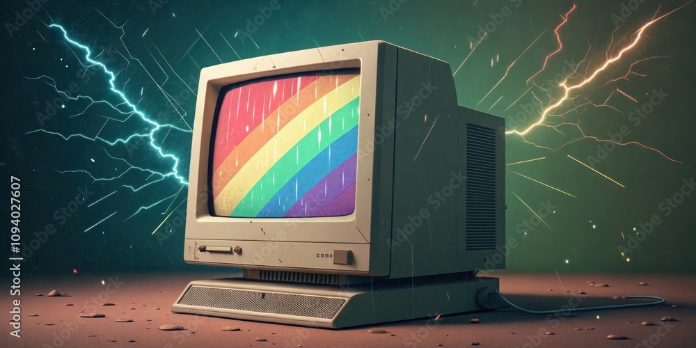 Poster distorted memories a crt screen loses coherence as rainbow hues into each other interrupted by sharp