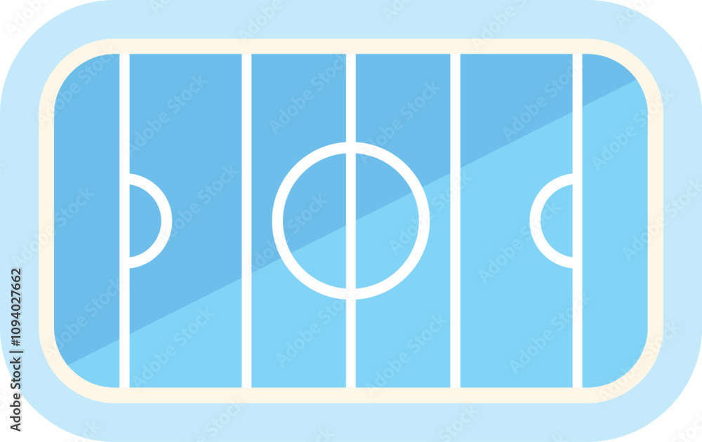 Poster simple vector illustration showing an empty soccer field from above, featuring a blue color scheme