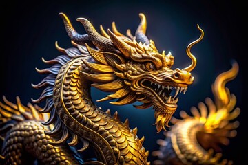 Fototapeta premium Stunning Macro Photography of a Golden Dragon Statue Isolated on a Black Background, Showcasing Intricate Details and Textures in Brilliant Light for Artistic and Cultural Themes