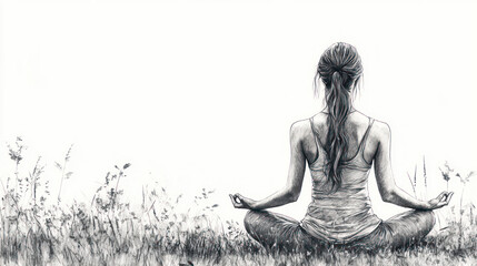 Pencil sketch outline of a woman practices yoga in grassy meadow at sunrise
