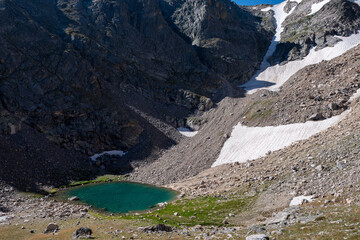 A tranquil alpine lake nestled among rocky mountains under clear skies in summer, showcasing glacial remnants and natural beauty