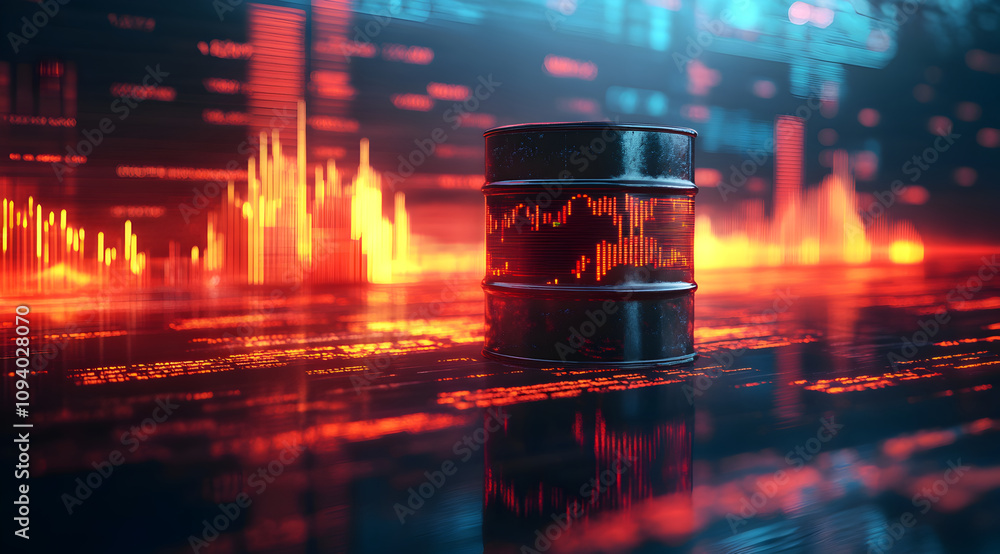 Aufkleber a futuristic oil barrel surrounded by glowing data patterns and graphs, symbolizing the intersection