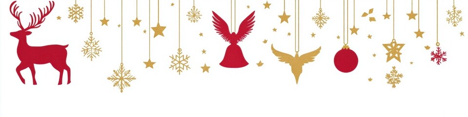 Obraz premium Festive Holiday Decor Featuring Red Reindeer, Golden Stars, Angels, and Ornaments Against a White Background for Seasonal Celebrations and Greetings