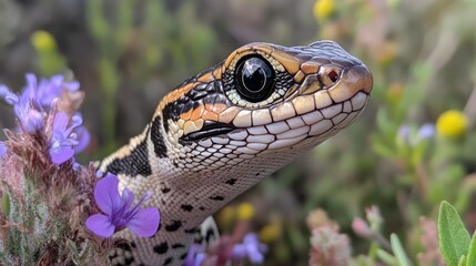 Naklejka premium A close-up of a lizard among colorful flowers in a natural setting.