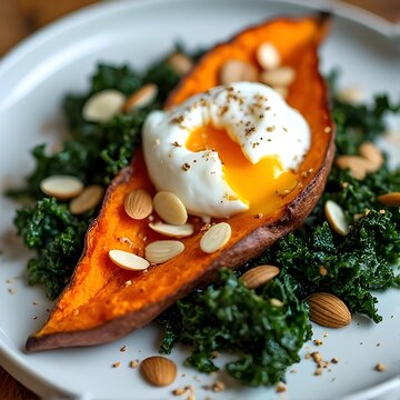 Freshly cooked vegetarian breakfast - baked sweet potato, kale, poached egg and almond flakes, surved on white plate. 