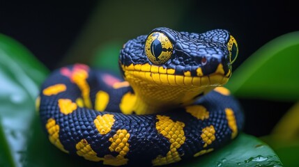 Obraz premium A vibrant black and yellow snake resting on green leaves.