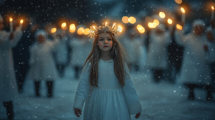 Saint Lucia's Day, a young girl wearing a long white dress and a crown of burning candles, leading a procession on a winter night with soft snow falling, Ai generated images