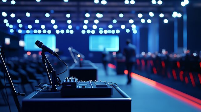 A vibrant event space with microphones and sound equipment, illuminated by blue lights and a tech-savvy atmosphere.