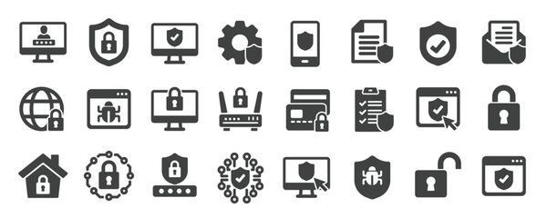 Security solid icons collection. Containing protection, safety, shield, privacy etc icons. For website marketing design, logo, app, template, ui, etc. Vector illustration.