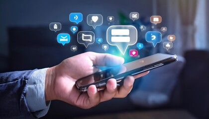 Smartphone with night city view. Above the smartphone are colorful speech bubbles with icons such as chat messages, hearts, and people.