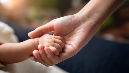 The baby tiny hands hold their mother hands, and the newborn baby holds both father and mother fingers.