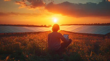 Fototapeta premium A person sits on a field, using a laptop while watching a beautiful sunset over solar panels in a serene landscape.