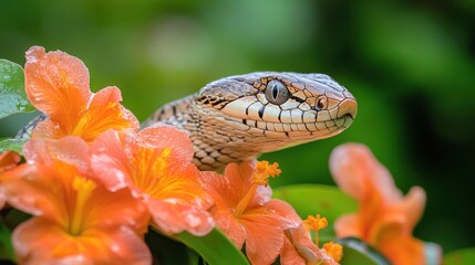Obraz premium A close-up of a snake among vibrant orange flowers in a lush green environment.