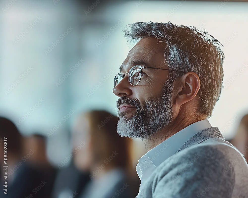 Poster a thoughtful man with glasses and a beard listens attentively during a lecture, surrounded by an aud