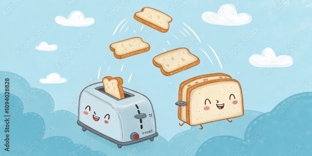 Poster dreamy clouds a soft cloudy blue background where whimsical toasters soar through the sky some flipp