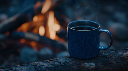 Warm cup of coffee on a log by a glowing campfire in the evening