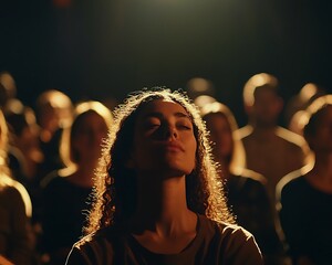 A woman with curly hair sits peacefully among an audience, eyes closed, as soft light illuminates her face, capturing a moment of introspection.