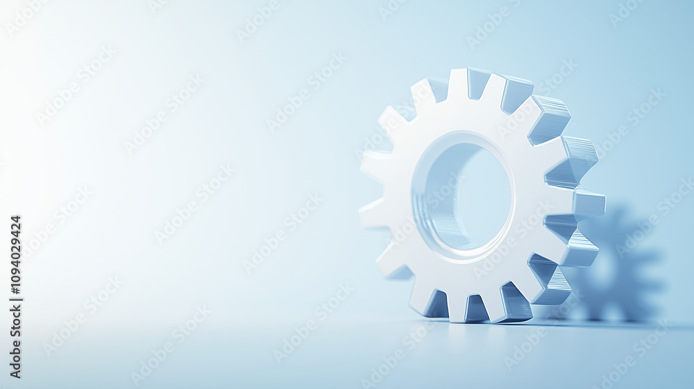 Poster single cog in a complex machine: a solitary white cog, rendered in 3d, stands on a soft blue backgro