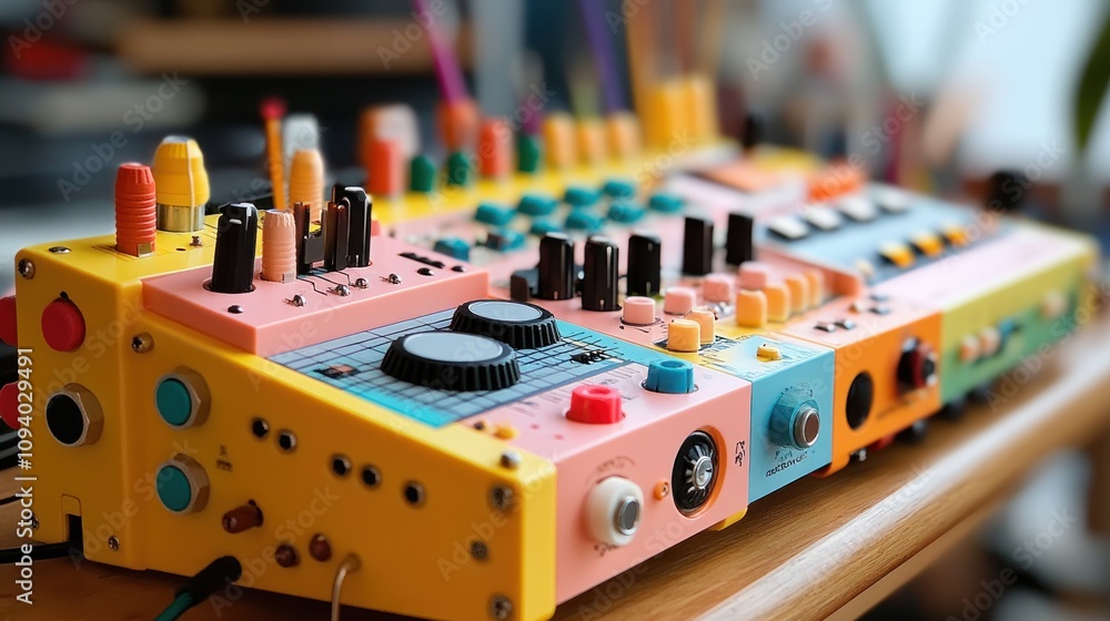 Poster a colorful electronic music synthesizer with various knobs and buttons for sound manipulation.