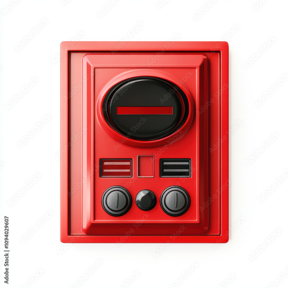 Poster fire alarm and smoke response concept. emergency alarm panel in bright red color with buttons and in