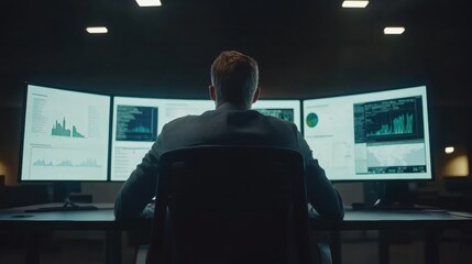 Professional analyzing data on multiple screens in a modern office environment, showcasing technology and data visualization in a corporate setting