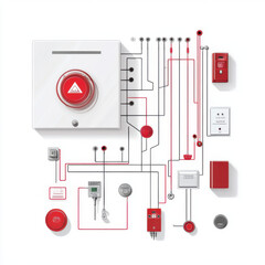Fire alarm and smoke response concept. Fire alarm system diagram with components and connections illustrated clearly