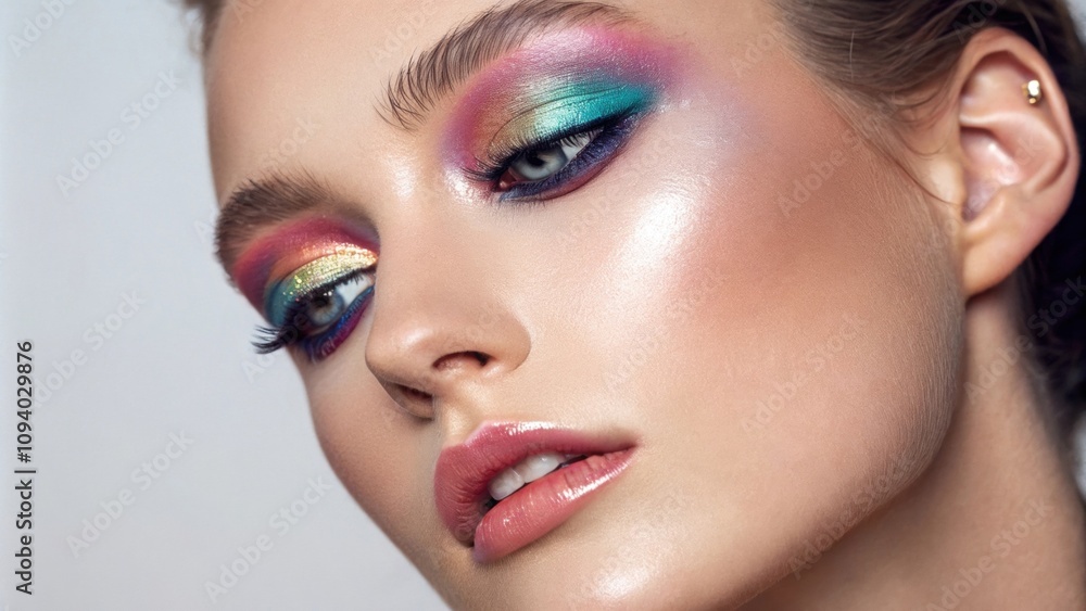 Poster an exquisite portrait of a person whose makeup artfully blends bright iridescent colors with a highg