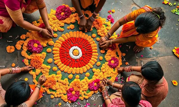 Family Decorating Home Entrance with Flowers and Rangoli