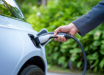 EV charging plug insertion, focus on sustainable energy
