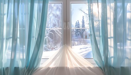 Winter Park on a bright sunny day, viewed through a window with white tulle curtains parted in the...