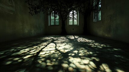 Obraz premium Dark room illuminated by shadows of trees creating intricate patterns on floor
