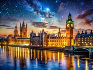 Fototapeta premium Stunning Night View of the Houses of Parliament with Big Ben Illuminated, Capturing the Charm of London’s Iconic Landmarks in the Rule of Thirds Composition
