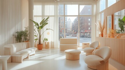 Obraz premium Modern minimalist waiting area with large windows, white furniture, plants, and natural light.