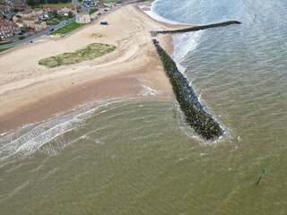 An Aerial View of Most Beautiful and Attractive British Tourist Attraction Downtown Central Clacton on Sea City of England United Kingdom. High Angle Footage Was Captured on May 21st, 2024 with Drone